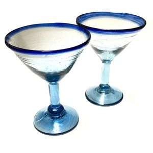 2 Mexican Margarita Glass Hand Blown Cobalt Blue Stemmed 6" Martini Glasses